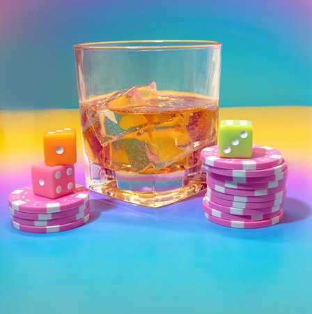 A Glass of Scotch Whiskey, Pink Poker Chips and Dice on a Light Pastel Background in a Casino Table Sceneの写真素材