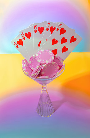 A Red Hearts Straight Flush Poker Hand and Pink Poker Chips in a Martini Drinking Glass on a Bright Gradient Pastel Backgroundの写真素材