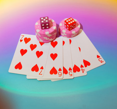 Top View of a Straight Flush Poker Hand, Poker Chips and Dice in a Casino Card Game Night Pastel...