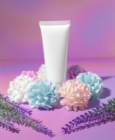 A Beauty Cosmetics Packaging Mockup of a White Lotion or Cream Squeeze Bottle Tube Surrounded by Peony Flowers and Lavender Sprigs on a Gradient Purple Backgroundの写真素材