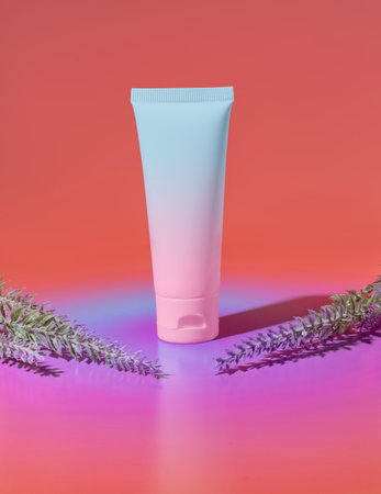 A Mock Up of White Beauty Skincare Lotion Squeeze Tube Bottle Packaging with Purple Lavender Sprigs on an Orange, Pink and Purple Dreamy Gradient Backgroundの写真素材