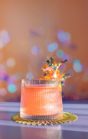A Pretty Pink and Orange Cocktail with a Holographic Beverage Swizzle Stick on A Celebratory Bokeh Background in Orangeの写真素材
