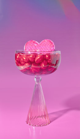 A Cocktail Couple Glassware Glass Filled with Red Heart Shapes and a Pink Sequined Heart, Valentine's Day Conceptの写真素材
