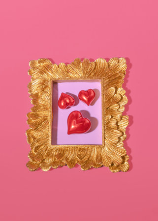 Three Bright Red Hearts in a Gold Antique Victorian Frameの写真素材