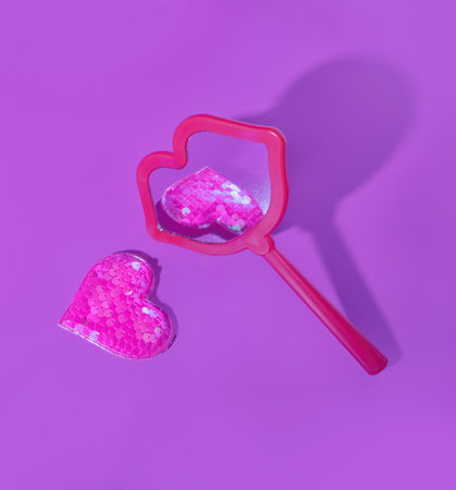 A Red Mouth Shaped Mirror Reflecting Pink Sequined Hearts for Valentine's Day on A Purple Backgroundの写真素材