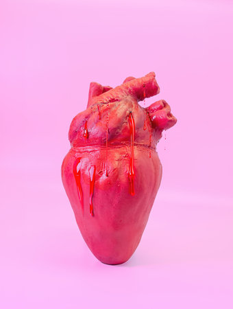 A Bleeding Anatomical Red Heart on a Pastel Pink Background, My Bloody Valentine Conceptの写真素材