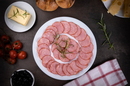 Breakfast plate, sausage, cold cuts, cheese, butter cocktail tomato and fresh rolls on a dark table.