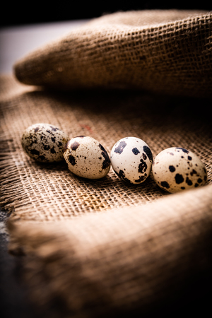 Ecological composition, quail eggs on a linen tablecloth.の写真素材