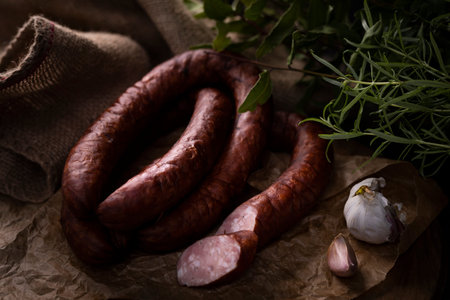 A bunch of dry, smoked sausage on an ecological rural natural background.