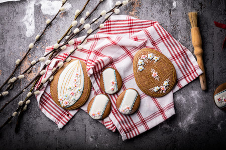 Easter cookies and spring decorations on a wooden background