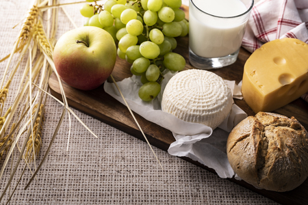 Composition of products symbolizing the Shavuot festivalの写真素材