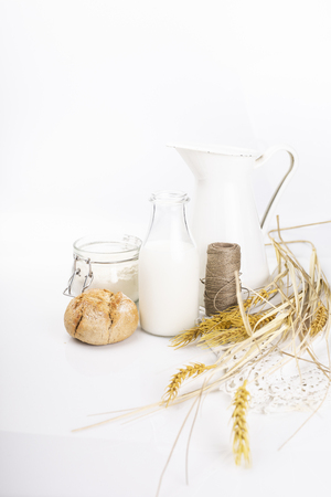Composition of products symbolizing the Shavuot festival. Top viewの写真素材