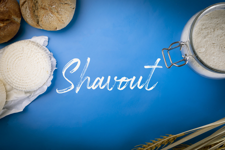 Composition of products symbolizing the Shavuot festival. Top viewの写真素材