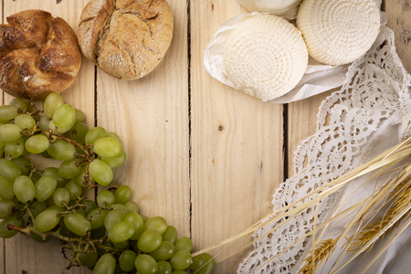 Composition of products symbolizing the Shavuot festival. Top viewの写真素材