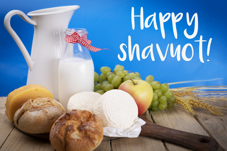 Composition of products symbolizing the Shavuot festival. Top viewの写真素材