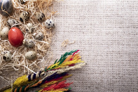 Easter composition,  eggs on a linen natural background, composition with space for textの写真素材