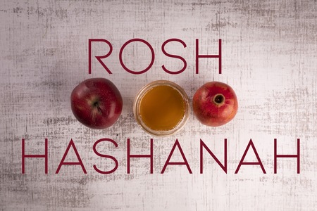 A composition of traditional symbolism on the occasion of the Jewish holiday of Rosh Hashanahの写真素材