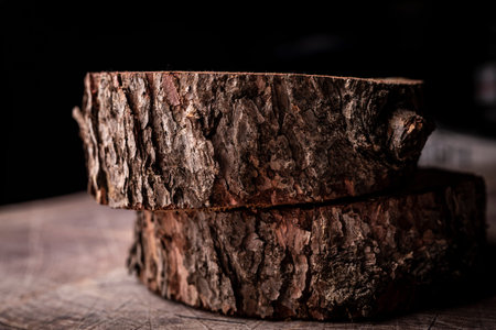 Composition of wooden slices, natural background