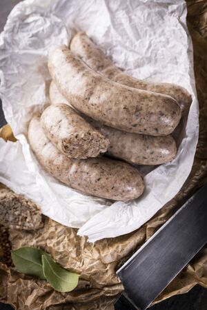 Thin sausage, white blood sausage in composition with herbs and buckwheatの写真素材