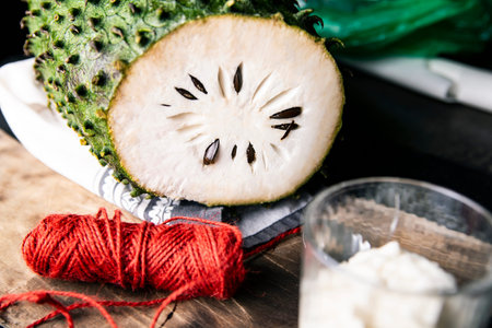 Exotic tropical fruit in a cooking composition.