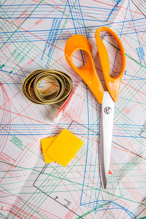 Sewing pattern for drawing. Sewing accessories needed for sewing