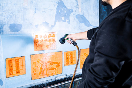 A close-up of a male worker cleaning printing dies after use using a water hose. Printing technology. Man in a black jumper working in a cardboard boxes factory.の写真素材