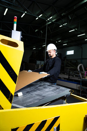 Worker cuts carton with a punching machine. Paper die cutting machine.