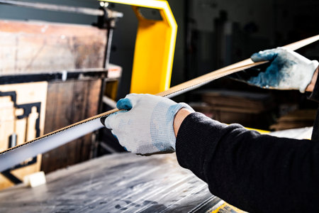 Worker in white gloves placing a carton in a die cutting machine. Cardboard boxes manufacturing....