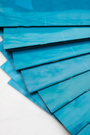 Blue advertising folders, fanned out on a white background, close-up. Paper printings with...