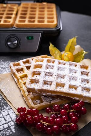 Classic golden waffles with powdered sugar and fruits in a composition on stony worktopの写真素材