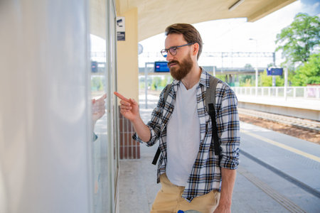 Tourist, urban traveller checking a regional trains timetable on a railway station platform.