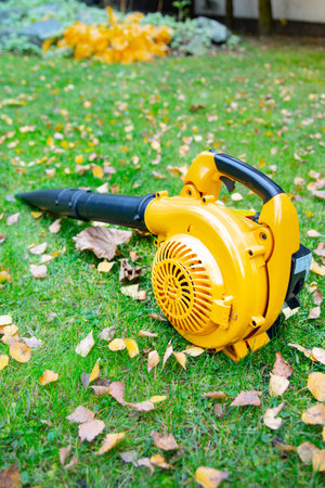 An orange cordless, electric leaf blower in a garden. Autumn, fall gardening works in a backyard, on a lawn, grass. Garden works.の写真素材