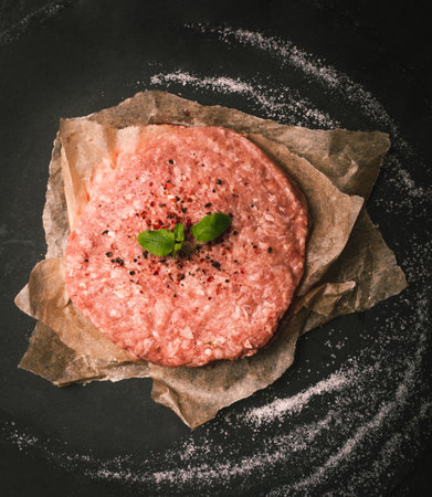 Raw minced meat, meatloaf. Raw meat, French steaks on paper, on blackboard, chalkboard, black background, vertical view.の写真素材