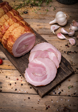 Smoked rolled bacon, roulade, rolled pancetta on wooden boards. Rustic composition with Polish cold cuts, meat products.の写真素材