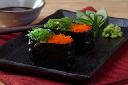 close up of sashimi sushi set with chopsticks and soyの写真素材