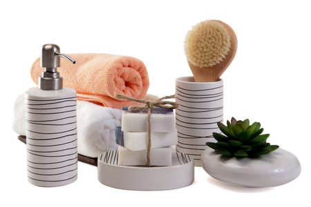 Handmade Soap  with bath accessories on white backgroundの写真素材