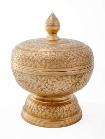 Old antique vintage bronze, brass bowl, isolated on white backgroundの写真素材