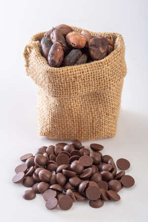 Raw cocoa beans, chocolate on wood backgroundの写真素材
