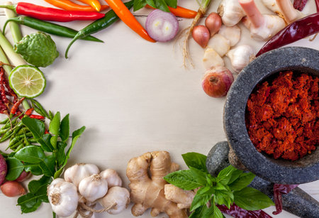 Thai Red curry paste with ingredientの写真素材