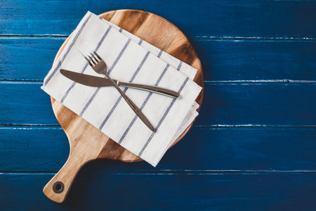 checkered napkin  on  table blue