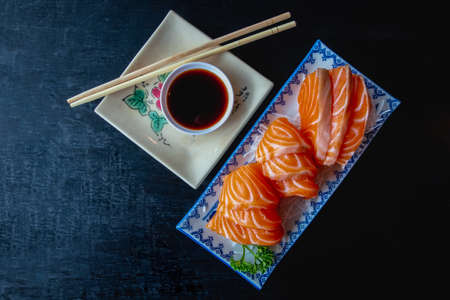 Salmon Sashimi,Japanese food on Black backgroundの写真素材
