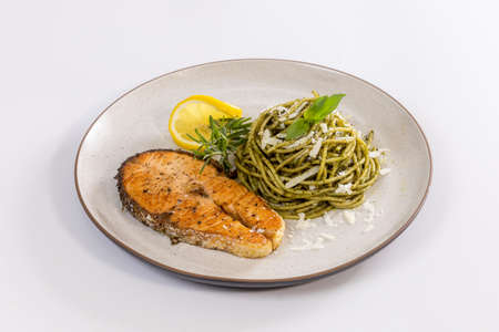 Pasta Pesto with Seared Salmonの写真素材
