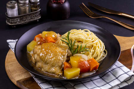 Chicken Stew Spaghetti with Potatoes and Carrotsの写真素材