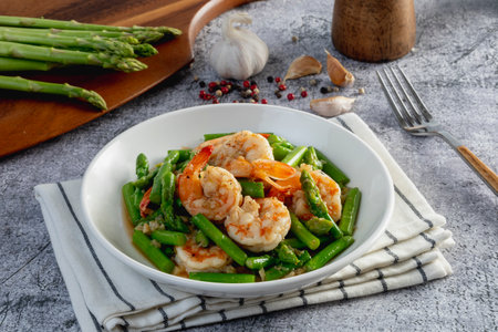 Asparagus stir fried with shrimp on the tableの写真素材