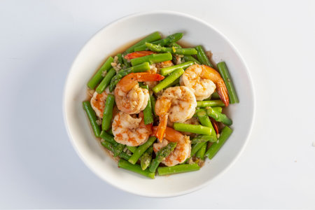 Asparagus stir fried with shrimpの写真素材