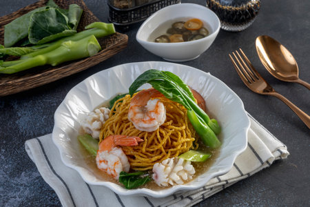 Noodles in Gravy Seafood on the tableの写真素材
