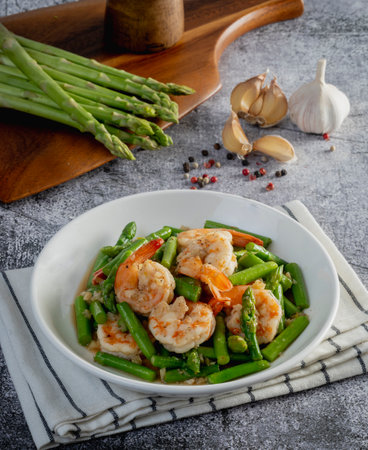 Asparagus stir fried with shrimp on the tableの写真素材