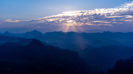 High angle shot of Ban Ja Bo, Pang Mapha District, Mae Hong Son Province, winter in Thailand.の写真素材