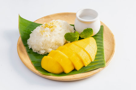 mango with sticky rice is popular traditional dessert of thailand.の写真素材