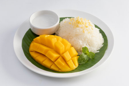 mango with sticky rice is popular traditional dessert of thailand.の写真素材
